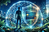 Una silueta humana o una tarjeta de crédito siendo protegida por un escudo digital semitransparente generado por partículas de luz o nodos de red que forman una estructura de “celosía” (haciendo guiño a la criptografía post-cuántica). Estilo: Techno-natural fusion. Mezclar elementos orgánicos suaves con geometría digital precisa. Colores que inspiren confianza: azules profundos, blancos puros y toques de dorado o verde esmeralda