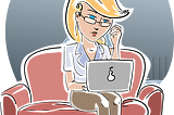 Cartoon of woman on couch working on laptop