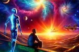 Nebula Observation: A human and an AI aboard a spacecraft, gazing out at a breathtaking nebula, showcasing their combined cognitive excellence and emotional intelligence.
