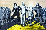 The Wizard of Oz characters marching on the yellow brick path