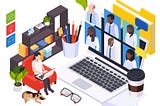 Isometric video conferencing: people working on laptops and other items.