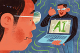 An illustration that depicts a worried person looking at another person who is holding a laptop displaying the letters “AI” with a thumbs-up gesture