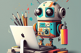 A robot covered in paint and art supplies staring at an Apple computer and looking frazzled