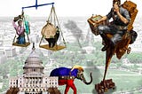 A pair of balance scales high over the US Capitol Building. On one platform is a shouting banker holding a money-bag. On the other is a lap technician holding a giant testube larger than his torso, filled with various electronic gadgets. He uses tongs to hold a giant atomic motif over the tube’s mouth. From behind the Capitol emerges an elephant in GOP logo livery, with the hair of Donald Trump. On the right is a gigantic telescoping platform terminating in a high-tech command chair from which a