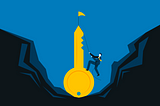 The illustrated man climbing the gigantic golden key with the flag on top.