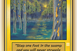 A sleeved, gold stamped Swamp of Resin in gold variant. The art shows a swamp with trees that have gold resin seeping out of them.