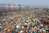 Plastic piling up by the shore of the Ganges river in Varanasi, India.