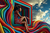 A surreal digital artwork featuring a woman sitting within multiple, vibrant, multicolored box that extend into flowing ribbons against a dramatic sky backdrop.