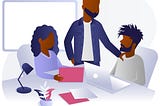 Graphic illustration of 3 african-american folks around their computers with a whiteboard in the background.