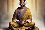 Monk meditating with headphones and smartphone.