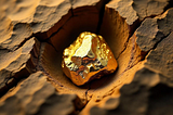 Close-up of a gold nugget in cracked earth, representing the overlooked value of gold mining stocks during market volatility.