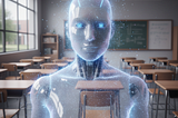 An AI robot fading away in a classroom