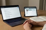 Professional reviewing search results and LinkedIn profile on a laptop to manage their digital twin and first impressions.