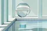 A glass sphere floating above a swimming pool in a clean architectural environment.