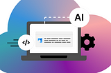 A graphic sits on top of a colorful gradient background that is loosely in the shape of a cloud. The graphic includes a laptop, with dynamic shapes, like motion lines and dotted lines connecting icons to the laptop. The icons represent AI and coding. There’s a cog beside the laptop. On the laptop is a screen with the PatternFly logo.