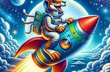 This is an illustration of a Kangaroo dressed in an astronaut suit, cheerfully riding a colorful rocket ship through space. The background features a stylized portrayal of outer space with stars, clouds, a distant moon, and planets, rendered in a vibrant, cartoon-like style. The artwork is lively and playful, capturing a whimsical adventure theme.