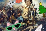 Delacroix’s Liberty Leading the People, with cat, tree, throwing star, napkin, and Alan Alda