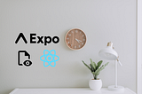 A cover photo: a white table with a lamp and a plant on it. A brown clock on the wall. Expo logo, React Native logo and a file view icon are attached to the wall.