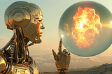 photo of a giant golden robot poking his finger to a bursting bubble next to him, fire inside the bubble. AI image created on midjourney by Henrique Centieiro and Bee Lee