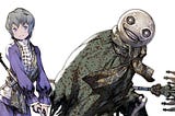 The character Emil from Nier in both his human form and weapon form. As a human, Emil is a young boy with grey hair and purple eyes. He wears a purple petticoat, white shirt and matching purple breeches. Wrapped around him like a sash is a silky green scarf. As a weapon, Emil is a skeleton draped in a dark green cloak with the green silk scarf around his neck. His head looks almost like the moon, only with two unblinking eyes and a fixed grin bearing dozens of tiny teeth.