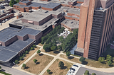 A 3D satellite image of a courtyard at St. Joseph Hospital in Ann Arbor, Michigan.