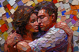 Abstract mosaic art — like patchwork of two people close together, composed of multicolored shards, symbolizing a deep connection and emotional unity.