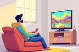 A cartoon-like image of a bearded white man sitting in a comfy chair. His is holding a remote control and is sitting directly in front of a TV set which is sitting on top of some sort of cabinet.