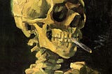 painting by Vincent van Gogh of a skeleton from the chest up, a cigarette in its mouth with a black background