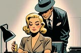 A cartoon of a male private detective leaning over his secretary while she sprays perfume