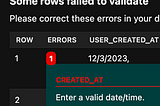 Some rows failed to validate Please correct these errors in your data where possible, then reupload it using the form above. CREATED_AT Enter a valid date/time.