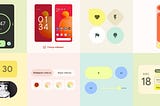 Varouis elements from the Material You design system: a timer, the home screen, icons, a slider, a clock, the color palette settings and a calender tile.