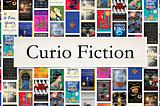 The phrase Curio Fiction overlapped on a background of books