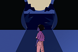 A young person with short black hair, purple button up shirt, pink pants and purple shoes is facing away towards a large ominous door shaped like a police badge. There is a large moon with silhouette of clouds and spiky plants. The colors are dark blue, purple, and pink, with a moon that is glowing yellow.