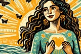 Woman with wavy sepia, black, and white hair, in turquoise dress with orange heart at center, her hands rest at her heart. She is surrounded by large sun rays in orange and beige, below which are teal and light green ocean waves. Brown butterflies fly towards the sun.