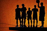 Silhouettes of five basketball players