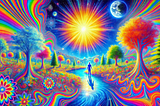 A vibrant, surreal landscape featuring a radiant, everlasting sun in a clear blue sky. The sun’s rays create a spotless, magical environment. The landscape is filled with colorful, swirling psychedelic patterns, vivid neon trees, and flowers. A calm river reflects the bright sunlight. A serene figure stands in the middle, looking up at the sun, embodying peace and clarity. The overall scene evokes eternal bliss and tranquility.