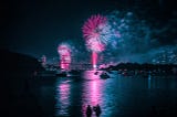 A beautiful pink and blue fireworks show.