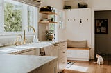 modern, minimalist  kitchen with white marble countertops
