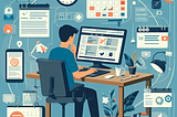 Illustration of a person sitting at a desk multitasking with a computer. The person is surrounded by various icons and elements representing different tasks, including a calendar, clock, documents, communication tools, and reminders. The workspace is organized, featuring a cup of coffee, plants, and a desk lamp. The background includes visuals of a CPU and task threads, symbolizing efficient time management and context-switching. The overall theme conveys productivity and balancing professional