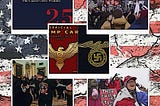 The image features a collage that juxtaposes various elements associated with political extremism in the United States. At the center, a book cover titled “Mandate for Leadership: The Conservative Promise 2025” is prominently displayed, suggesting the agenda of Project 2025. Surrounding this are several striking visuals. The background is an American flag that appears distressed and torn, symbolizing the deep divide and turmoil within the country.