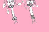 Two black and white penis-shaped bearded men stand to attention on a pink canvas background. From their heads, four spermatozoa are released; the words ‘“I Take No Responsibility…”’ (Trump quote), in black text, are tattooed on the head of each sperm. This political cartoon is titled “Cherry Picking The Old Brand Knew” although these word do not appear in the image.