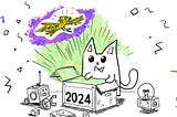 Illustrated line doodle showing a cat with human-like curiosity peering into a glowing box labeled “2024.” The scene is filled with items symbolizing innovation and thought: retro robot parts, illuminated and darkened light bulbs, and documents with diagrams. A phoenix silhouette in the background signifies growth from failure, and the overall atmosphere is one of whimsy and anticipation for the future.