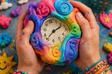 An asymmetrical analogue clock pressed into the centre of a lump of multi-colored plasticine embossed with numbers and an hourglass and held by two hands.