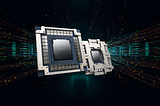 NVIDIA Spectrum‑X co‑packaged optics networking switches for AI factories, shown as two floating processor modules with futuristic data‑flow light trails.