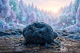 A lemon covered in mold. The mold spreads and creates a forest.