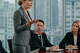 AI-Generated image of a white woman speaking up at a meeting of white colleagues when something racist was said