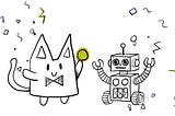 A cartoon drawing of a smiling cat character holding a glowing ball next to a friendly robot with raised arms, surrounded by playful abstract shapes and lines.