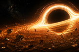 A glowing orange-gold black hole pulls houses, cars, dollar bills, and small human silhouettes into its swirling accretion disk against a dark star-filled background.