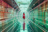 A long tunnel leading up to a women in a red cape and clothes. Lines of light are leading towards here and circles of circuitry surround here making her the central point. The image makes it appear as though this woman is the internal representation of a thinking machine.
