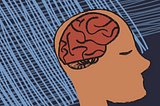 Simple line drawing of a brain inside of a head. Background is blue with light blue lines.